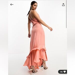 ASOS DESIGN satin asymmetric hem slip dress with tendril bodice detail